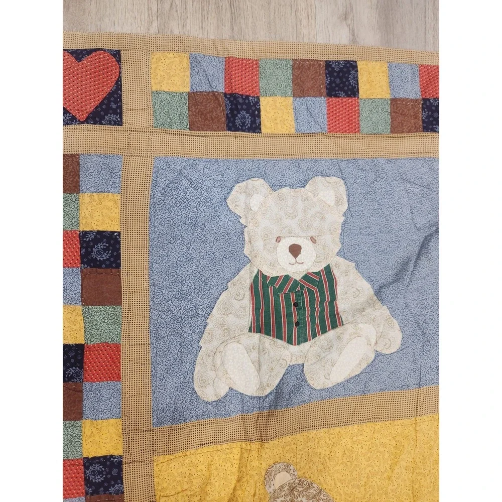 VTG Teddy Bear Quilt Wall Hanging/ Lap Hand Stitched Country‎ Farmhouse Folk Art